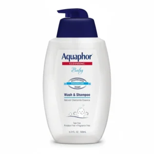 A white bottle of Aquaphor Baby Wash and Shampoo with a blue label. The bottle has a pump dispenser on top.