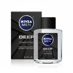 A white and blue bottle of Nivea Men Sensitive After Shave Balm. The label features the Nivea logo and indicates the product is for sensitive skin.