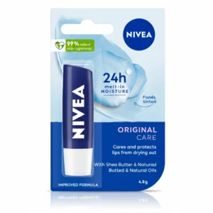 A white and blue Nivea Chapstick lip balm in a cylindrical tube shape with the Nivea logo and 'Original Lip Care' label on the packaging.