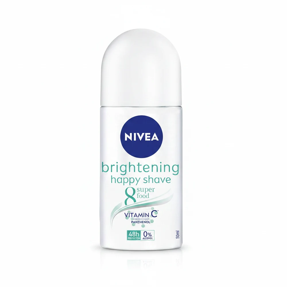A white and blue cylindrical deodorant roll-on bottle with the NIVEA logo and 'Pearl & Beauty' label
