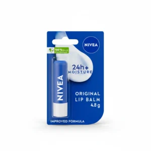 A pack of 4 NIVEA lip balm sticks in cherry, strawberry, blackberry, and watermelon flavors. The lip balms are in round, tinted tubes with the NIVEA logo on the label.