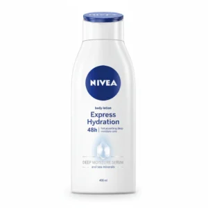 A white bottle of Nivea Nourishing Body Lotion with a pink label featuring a rose design.