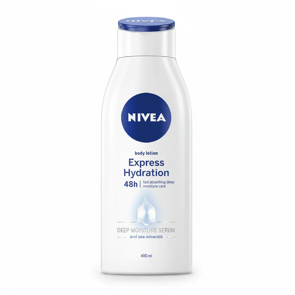 A white bottle of Nivea Nourishing Body Lotion with a pink label featuring a rose design.