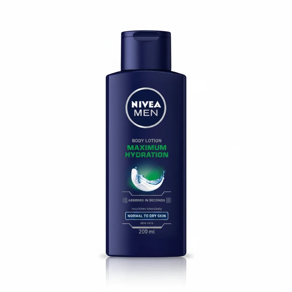 A white and blue bottle of NIVEA Men All Seasons Moisture Body Lotion. The label displays the NIVEA logo and product name.