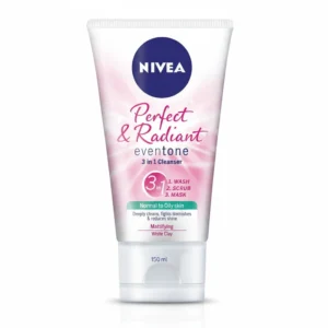 A white and blue bottle of Nivea Perfect & Radiant 3-in-1 Mattifying Cleanser, 150ml. The label features the Nivea logo and product name.