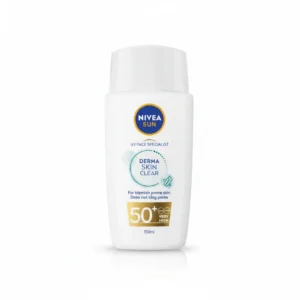A white and blue bottle of Nivea Sun Protection Sunscreen SPF 50+, 150ml. The label displays the Nivea logo and key product details.