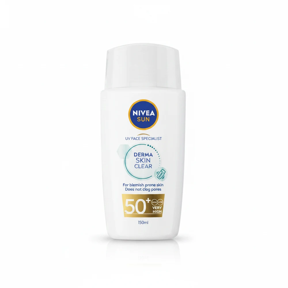 A white and blue bottle of Nivea Sun Protection Sunscreen SPF 50+, 150ml. The label displays the Nivea logo and key product details.