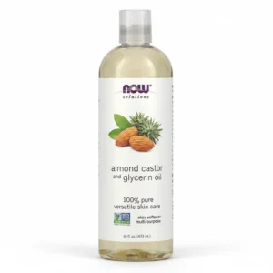 A clear glass bottle with a white label containing the NOW Solutions logo and the product name 'Almond, Castor & Glycerin Oil'.
