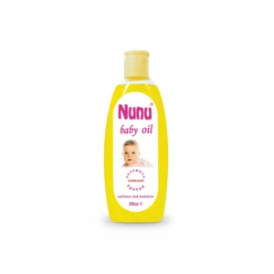 A white bottle with a blue label that says 'Nunu Baby Oil' and shows the product size of 200ml.