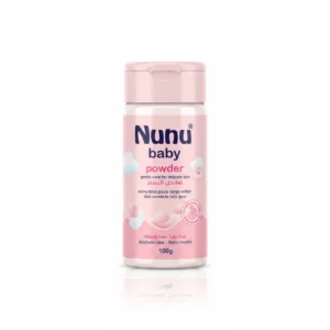 A white bottle of Nunu Baby Powder with a blue label and cap. The label displays the Nunu logo and the product name.