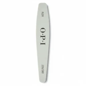 A glass nail file with a white handle and the O.P.I logo printed on it. The file has a dual-sided design with coarse and fine grit surfaces.