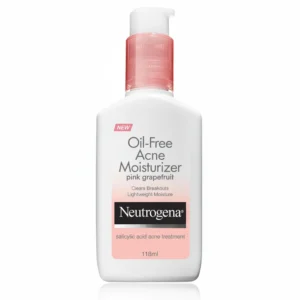 A white tube of Neutrogena Oil-Free Acne Moisturizer with a blue label and cap