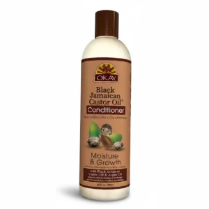 A black bottle of OKAY Black Jamaican Castor Oil Conditioner. The label features the brand name, product name, and a picture of castor oil leaves.