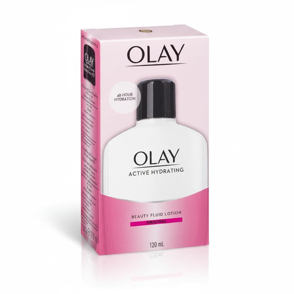 A pink bottle of Olay Hydration Active Lotion with a white cap. The label features the Olay logo and product name.