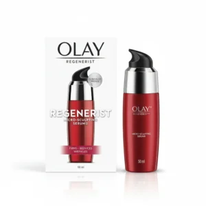 A clear glass bottle with a white cap containing Olay's Regenerist Micro-Sculpting & Regenerating Serum. The bottle has a blue and white label with the Olay logo.