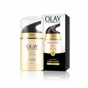 A 50ml bottle of Olay Total Effects SPF 15 anti-aging face moisturizer with a white label and blue cap