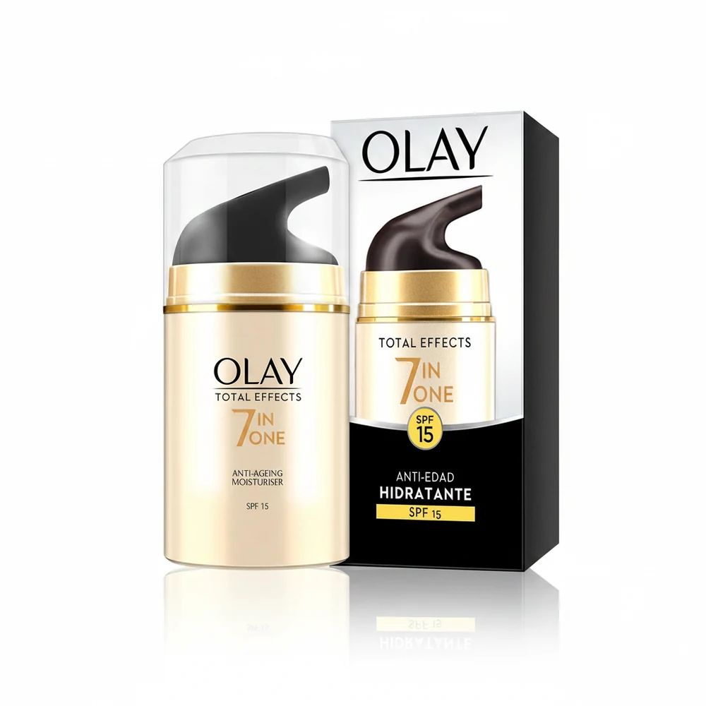 A 50ml bottle of Olay Total Effects SPF 15 anti-aging face moisturizer with a white label and blue cap