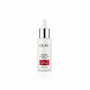 A bottle of Olay Regenerist Anti-Aging Wrinkle Correcting Serum in a white and blue packaging, with the Olay logo visible on the label.
