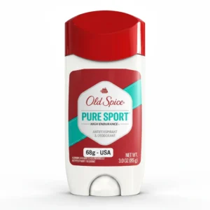 A white and blue deodorant stick with the Old Spice logo and 'Pure Sport' label