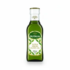 A bottle of Olitalia Extra Virgin Olive Oil with a green and white label, containing 250ml of the premium Italian olive oil.