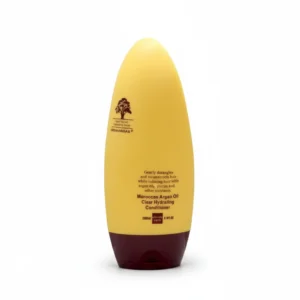 A bottle of ArganMidas Nourishing Conditioner with a light brown label and an image of argan oil leaves. The bottle is filled with a creamy white conditioner.