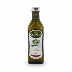 A green glass bottle with a white label featuring the Olitalia brand name and the words 'Extra Virgin Olive Oil' in large text. The bottle contains 500ml of olive oil.