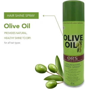 A bottle of ORS Olive Oil Nourishing Sheen Spray in a light green color with a white label displaying the product name and details.