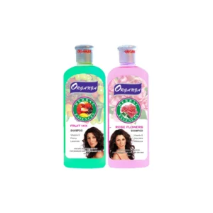 Bottle of Organza Hair Food Shampoo with green, yellow, and white label featuring organic fruit ingredients