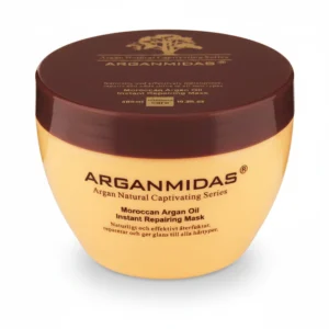 A 300ml bottle of ArganMidas Repairing Hair Mask with a white label and green accents. The bottle contains a rich, creamy hair treatment formula.