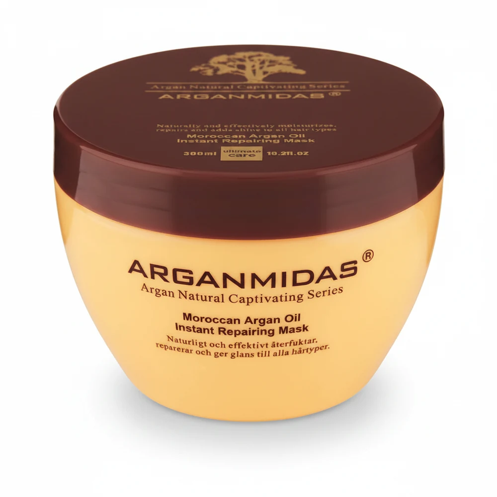 A 300ml bottle of ArganMidas Repairing Hair Mask with a white label and green accents. The bottle contains a rich, creamy hair treatment formula.