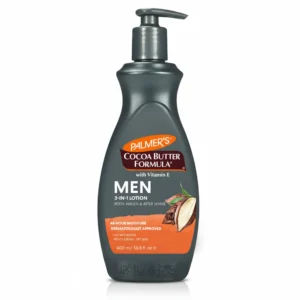 A white bottle of Palmer's Coconut Oil Formula Daily Body Lotion for Men, with a green label and coconut graphics