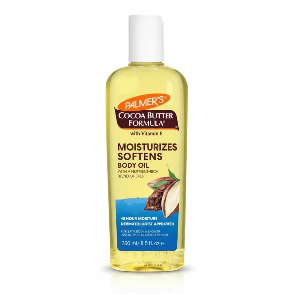 A clear glass bottle with a white label and cap, containing a golden-colored body oil. The label features the Palmer's brand name and 'Cocoa Butter Formula Moisturizing Body Oil' text.