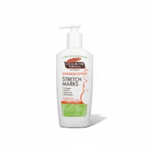 A white bottle with a green label, containing a light yellow lotion. The label displays the Palmer's brand name and 'Stretch Mark Massage Lotion' text.