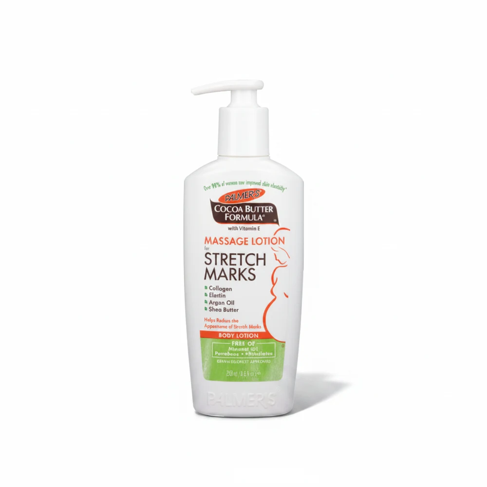 A white bottle with a green label, containing a light yellow lotion. The label displays the Palmer's brand name and 'Stretch Mark Massage Lotion' text.