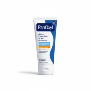 A white bottle with a blue label, containing a clear gel facial cleanser. The label displays the Panoxyl brand name and indicates the product is a 4% acne wash.