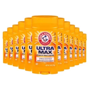 A blue and white roll-on deodorant bottle with the Arm & Hammer logo on the label