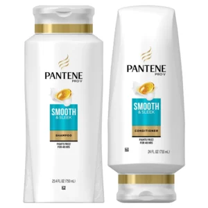 Two bottles of Pantene shampoo and conditioner in a light blue and white color scheme, with the Pantene logo prominently displayed on the labels.