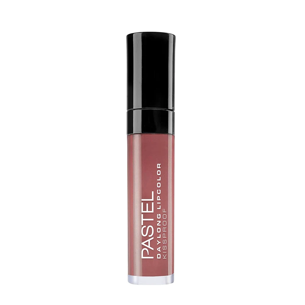 A tube of Pastel Daylong Matte Liquid Lipstick in a pastel pink color, with a black and white label