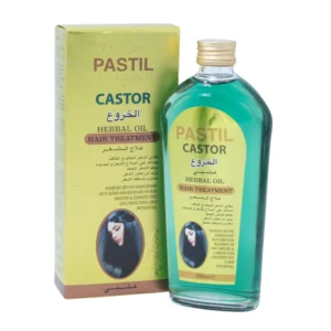 A bottle of Pastil Castor Oil Hair Treatment with a green and white label. The bottle has a dropper cap and contains a golden-colored oil.