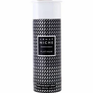A bottle of Armaf Niche Platinum body spray in a sleek, rectangular shape with a silver cap. The label features the Armaf logo and the product name in black text.