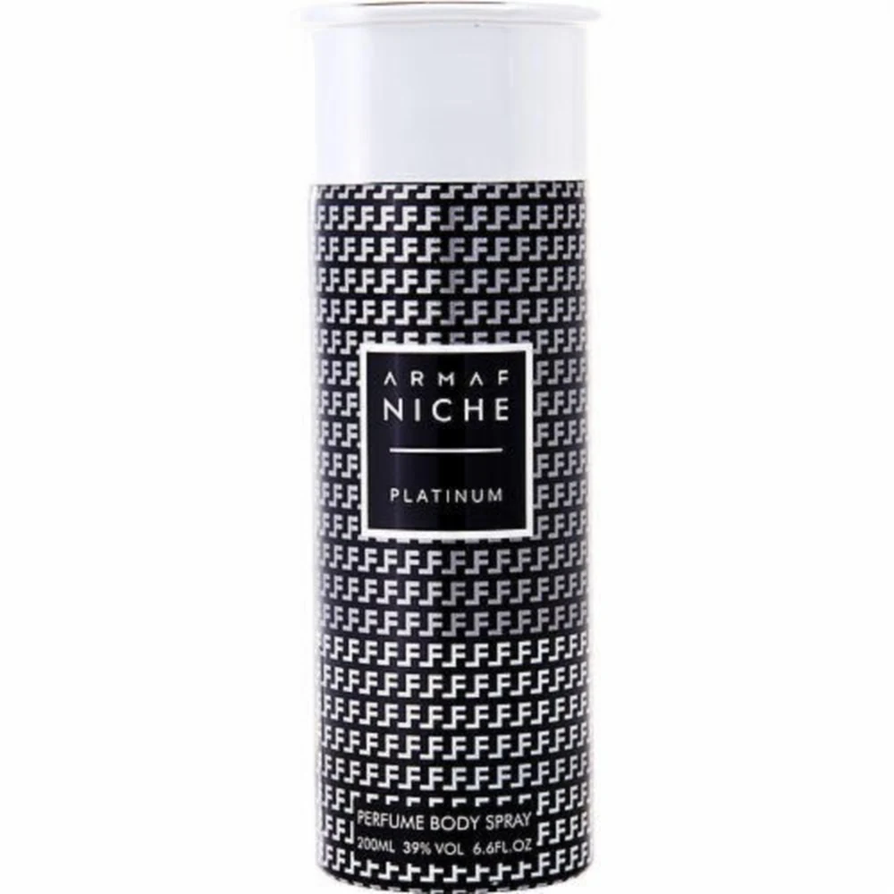A bottle of Armaf Niche Platinum body spray in a sleek, rectangular shape with a silver cap. The label features the Armaf logo and the product name in black text.