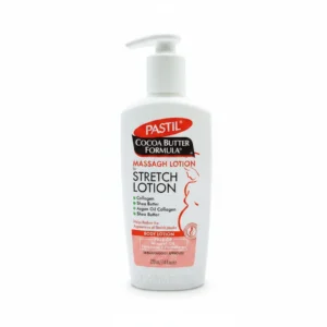 A white bottle of Pastil Stretch Mark Lotion with a green label. The bottle has a pump dispenser and displays the product name and size (220 ml).