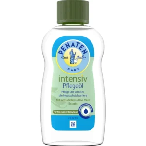A white bottle of Penaten Baby Oil with a blue label. The bottle has a pump dispenser and contains 200ml of product.