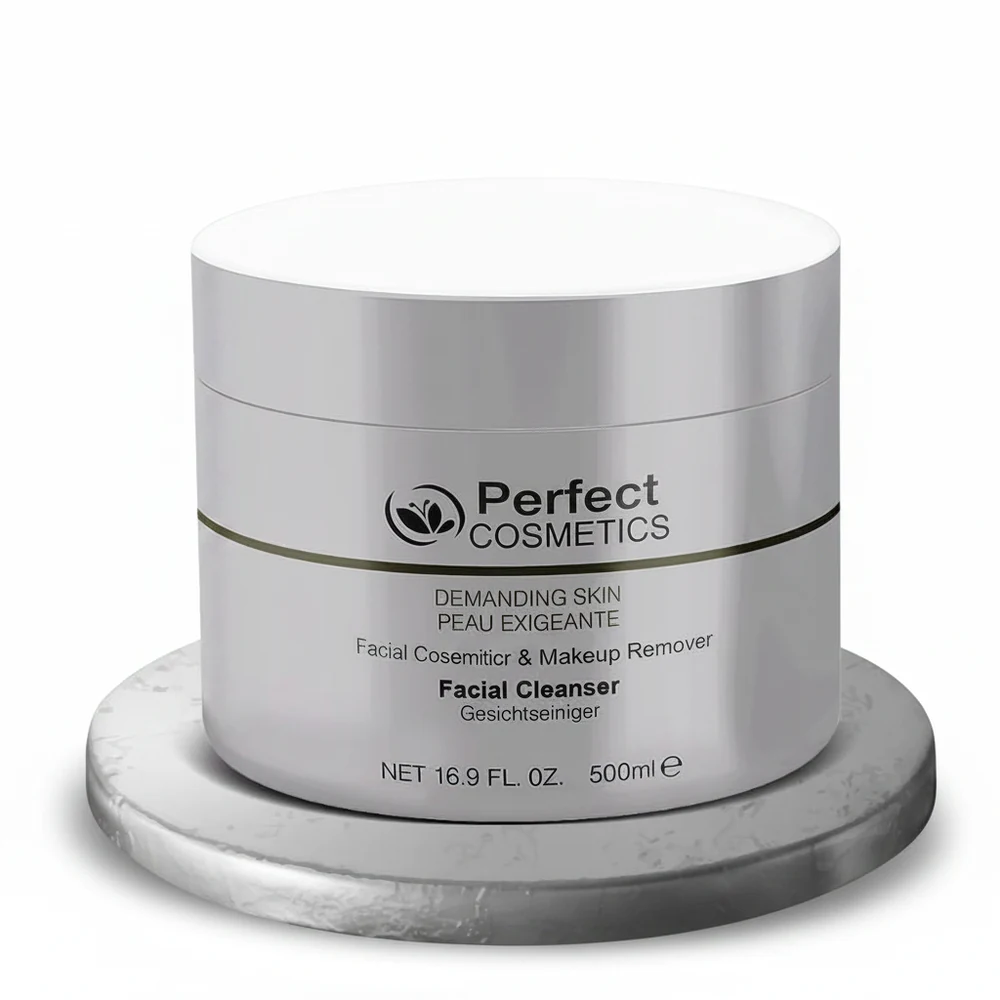 A bottle of Perfect Cosemitics Facial Cleanser & Makeup Remover. The bottle has a white label with the brand name and product name, and the product is a clear, light-colored liquid.