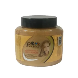 A gold-colored jar with a black label featuring the Perfect Cosmetics logo. The label indicates this is a 500ml Gold Scrub product.