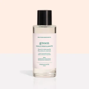 A green glass bottle of Perfect Cosmetics Nail Polish Remover with a white label displaying the brand name and product details.