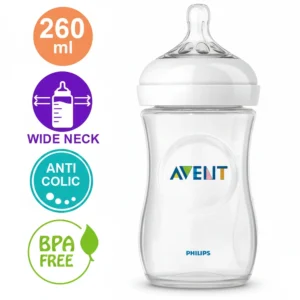A clear glass baby bottle with a white nipple and cap. The bottle has a label with the Philips Avent logo.