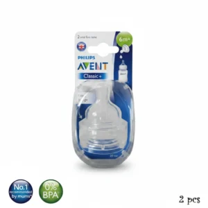 A Philips Avent Natural First Flow nipple in a clear plastic package. The nipple is white and has the number 0 printed on it, indicating it is the 0M flow rate suitable from birth.