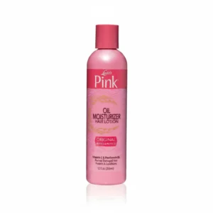 A bottle of PINK Oil Moisturizer Hair Lotion with a pink and white label. The bottle has a pump dispenser on top.