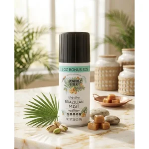 A silver-colored deodorant stick with the Power Stick logo and the words 'Brazilian Pistachio & Caramel' printed on the label.